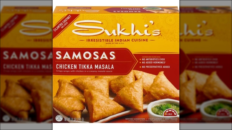 Box of Sukhi's Indian chicken tikka masala samosas frozen appetizer snack