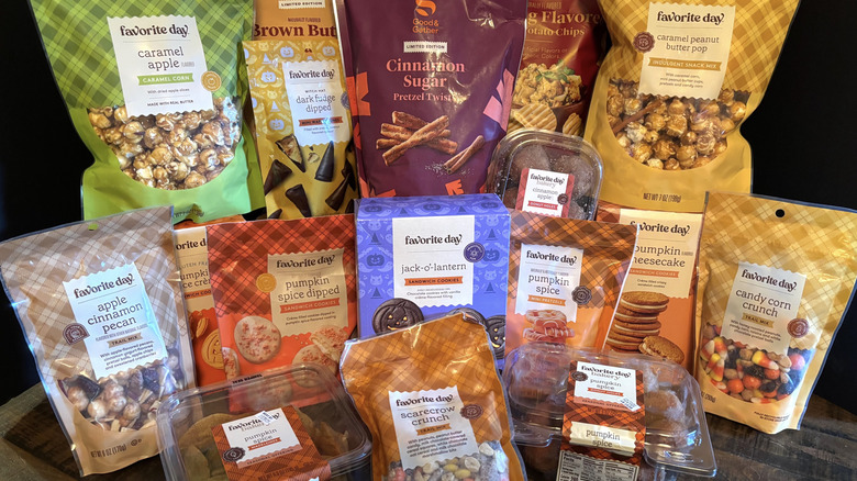 A variety of Good & Gather and Favorite Day fall snacks on a black background.