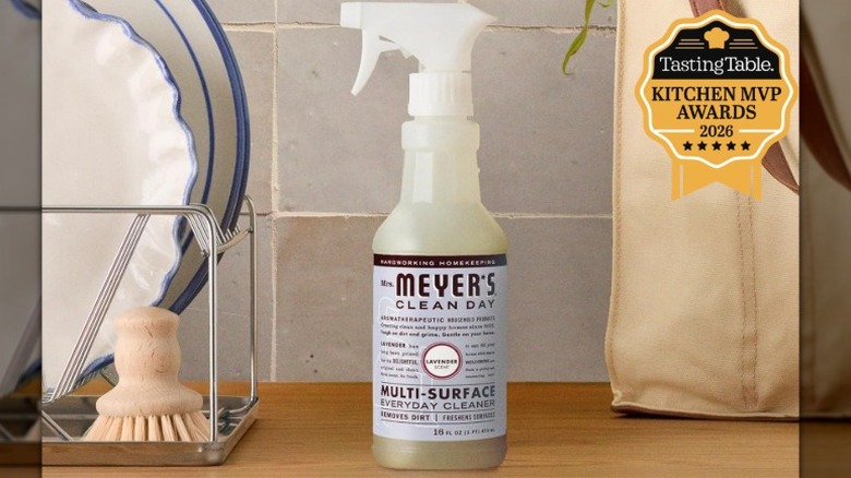 A bottle of Mrs. Meyer's Clean Day Lavender Multi-Surface Everyday Cleaner on a counter