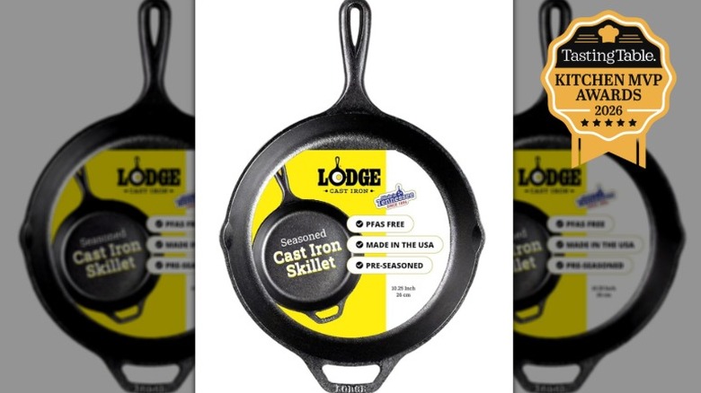 Lodge cast iron skillet on white background