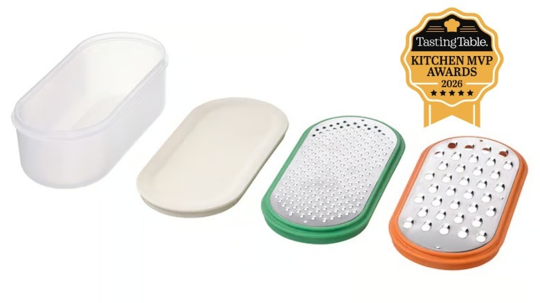 The Ikea UPPFYLLD cheese grater comes with four components seen here