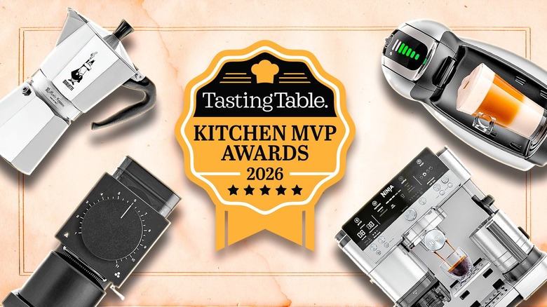 Four coffee machines circling a gold ribbon that says "Kitchen MVP awards"