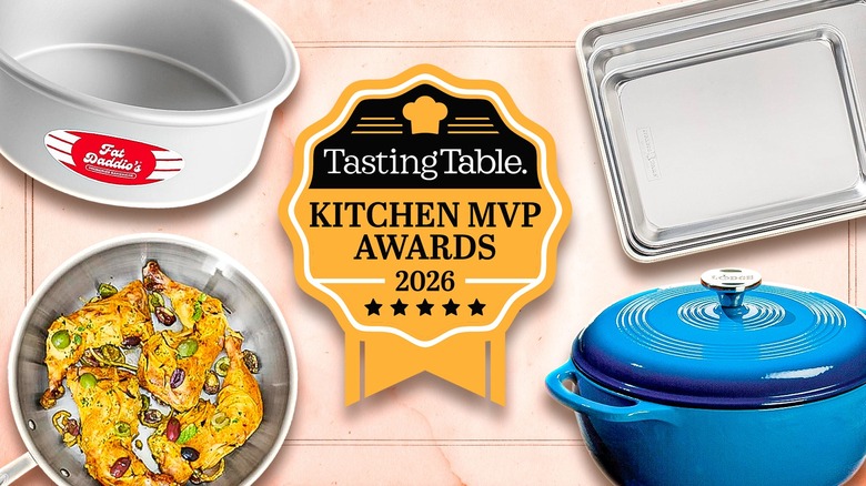 Four pans surrounding a golden ribbon over a pink background