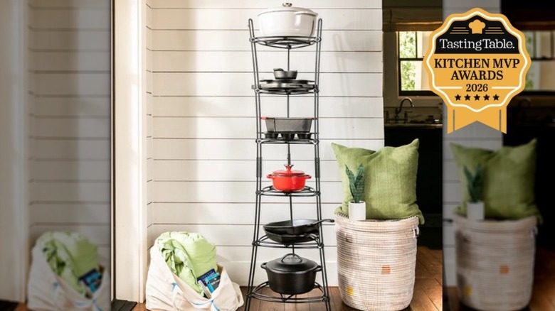 Lodge Cookware Tower with cast iron cookware displayed.