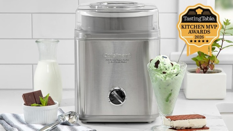 A Cuisinart 2 quart ice cream maker with ice cream