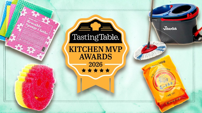 Various cleaning products surrounding a ribbon that says "Tasting Table kitchen MVP awards 2026"