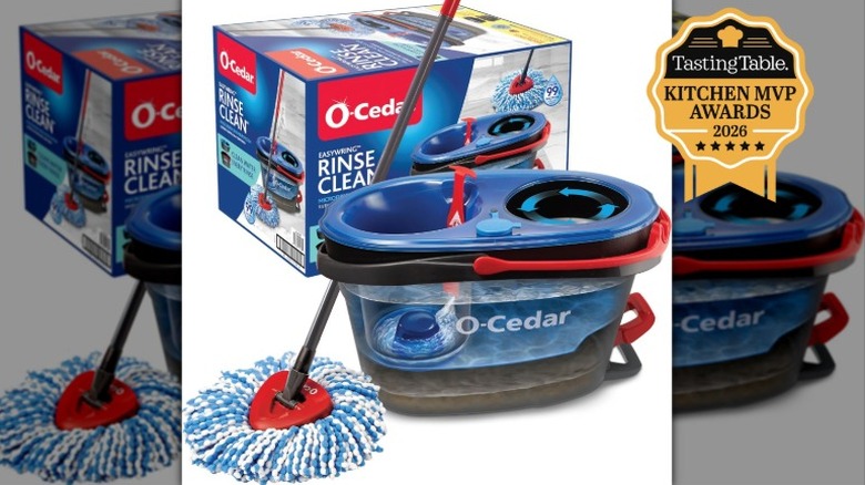 Composite image of the O-Cedar spin mop and bucket, with display box to the rear, on white background