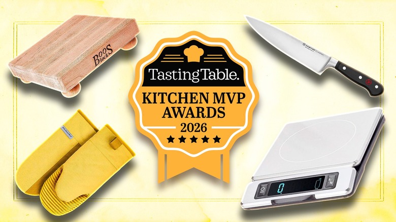knife, cutting board, oven mitts, and a scale
