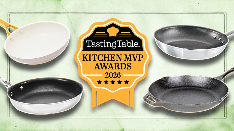 Several skillets surrounding a gold ribbon that says "Kitchen MVP awards"