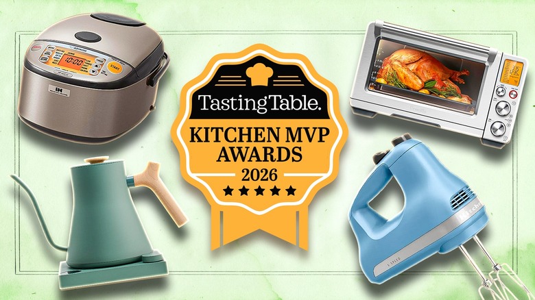 Four small appliances surrounding a golden ribbon that reads "Tasting Table Kitchen MVP Awards"