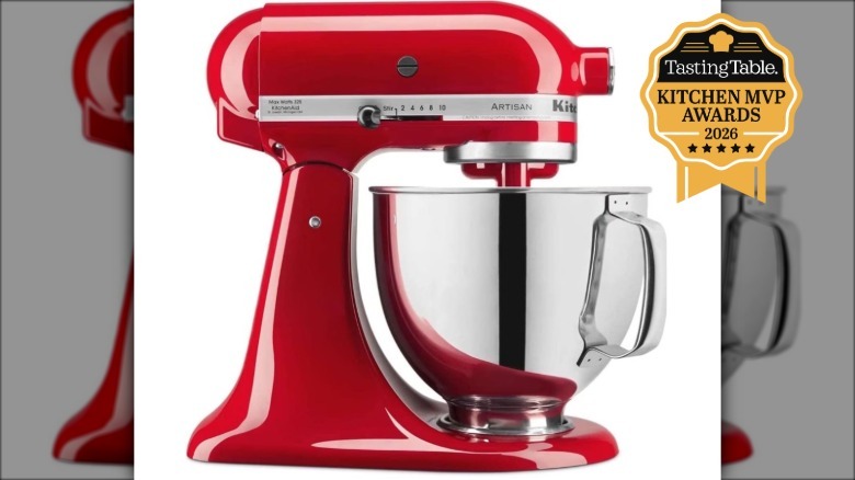 Red KitchenAid stand mixer on white background