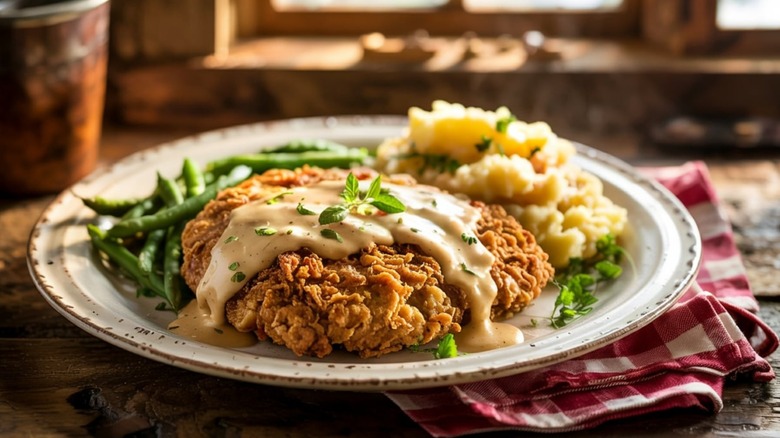 A plate of fried chicken covered in white gravy with mashed potatoes and green beans on the side