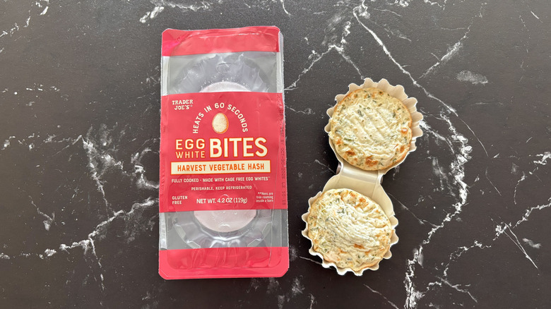 Trader Joe's egg bites container next to egg bites on countertop