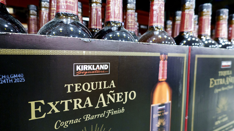 A crate of Costco Kirkland Tequila Extra Anejo bottles