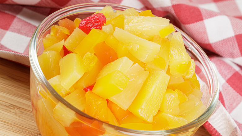 canned fruit salad in bowl