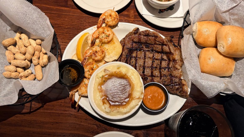 Top-view of a dinner spread at Texas Roadhouse