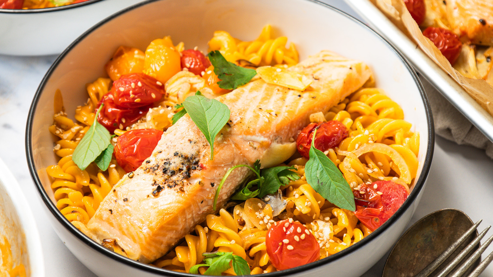 Thai Curry Pasta With Blistered Tomatoes And Salmon Recipe - Tasting Table