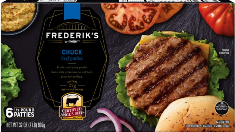 Box of Frederik's By Meijer Certified Angus Beef Ground Chuck Burger against a white background