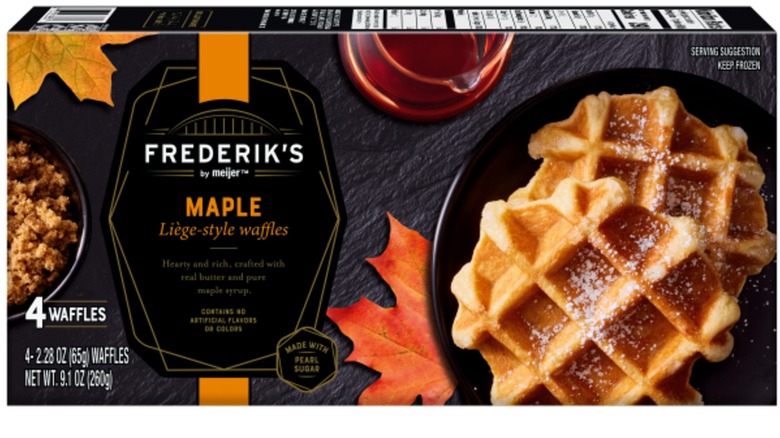 Box of Frederik's by Meijer Frozen Maple Liege Style Waffles against a white background