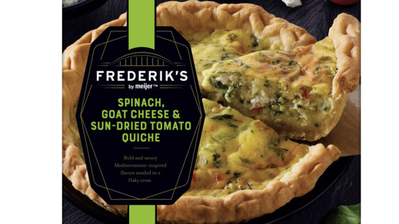 Box of Frederik's by Meijer Frozen Spinach Goat Cheese Sundried Tomato Quiche against a white background