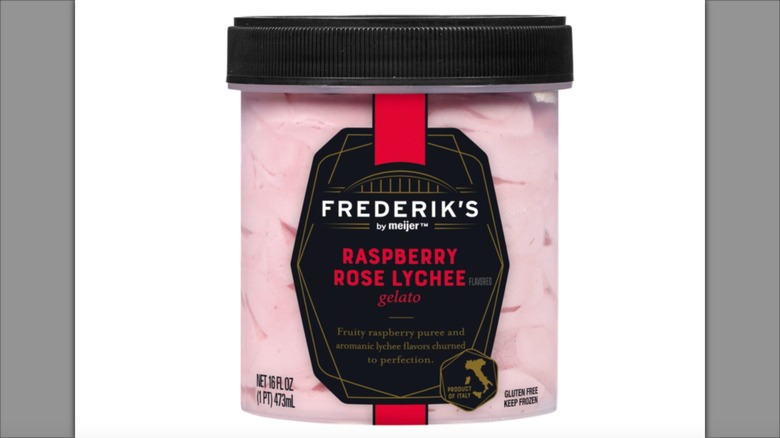 Container of Frederik's by Meijer Raspberry Rose Lychee Gelato against a white background