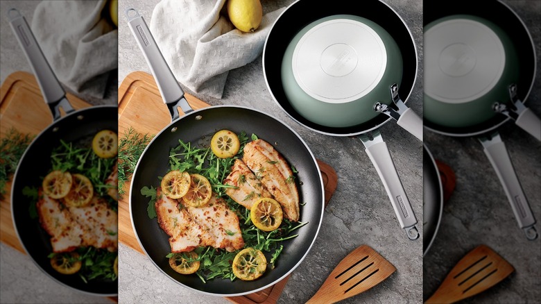 Three Tramontina nonstick pans with one containing broiled lemon herb fish