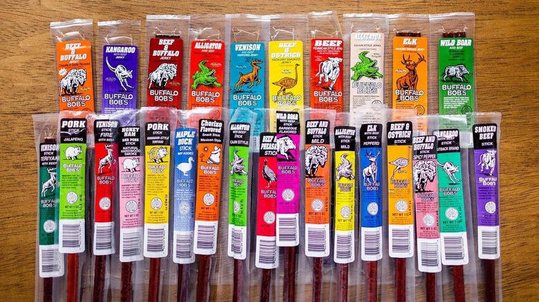 Slim plastic packages of various meat jerkies from the Jerky Dynasty Ultimate 27-Piece Exotic Jerky Gift Set