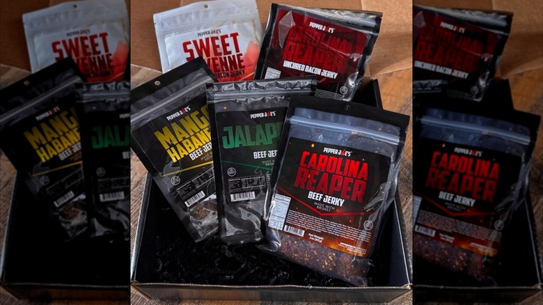 Five bags of beef jerky in various flavors from Pepper Joe in black box