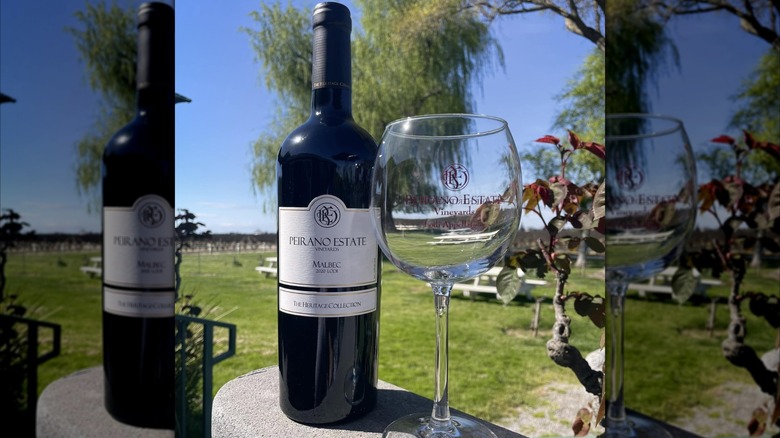 bottle and glass of red wine on outdoor table