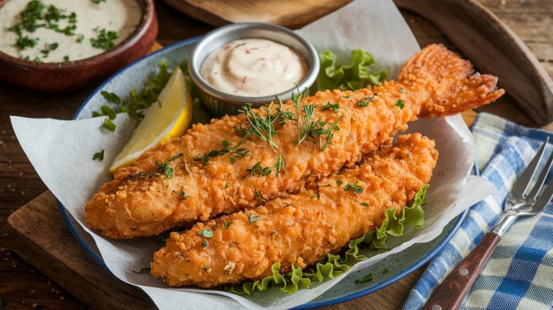 Fried catfish on plate with tartar sauce and lemon wedge.