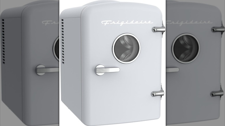 white Frigidaire minifridge against white background