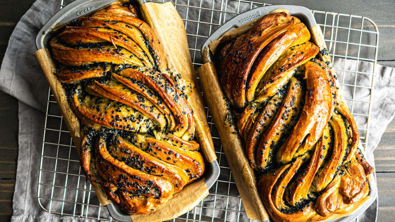 two twisted loaves in pans