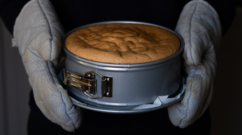 hands with oven mittens holding cake in springform pan