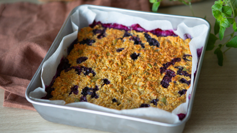 blueberry oatmeal cake in square pan