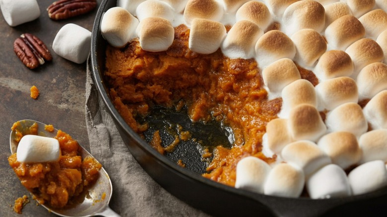 A cast iron dish holding a candied sweet potato casserole topped with mini marshmallows