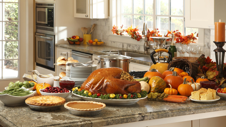 preparing a thanksgiving day dinner in kitchen
