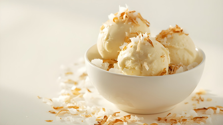 Coconut ice cream with coconut flakes