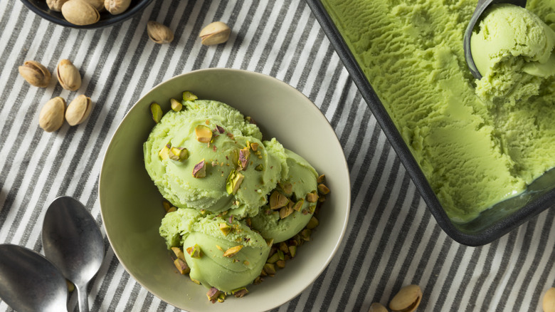 Homemade pistachio ice cream bowl