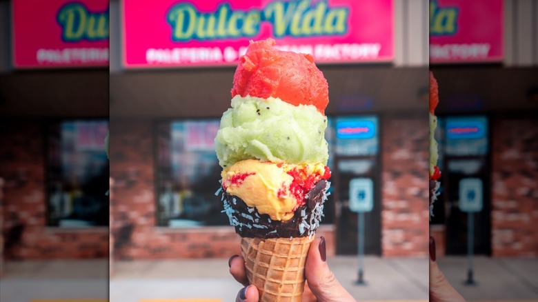 Dulce Vida ice cream cone with three different flavors.
