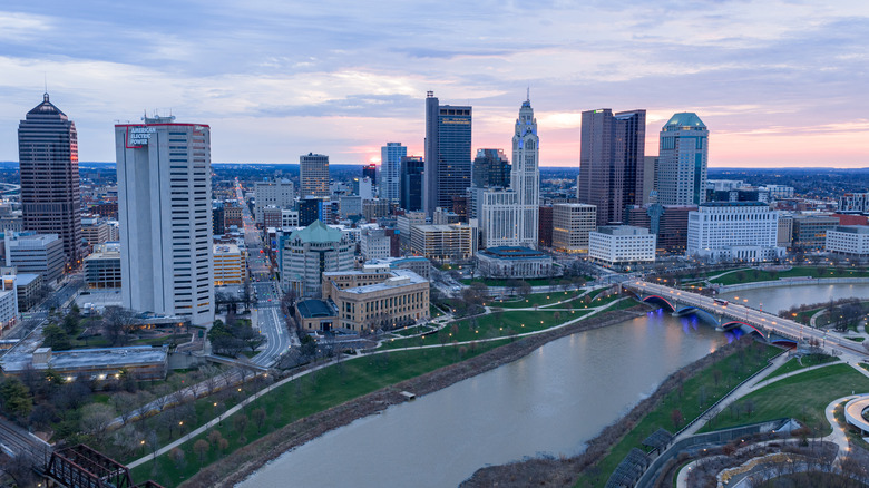 View of downtown Columbus, Ohio with river.
