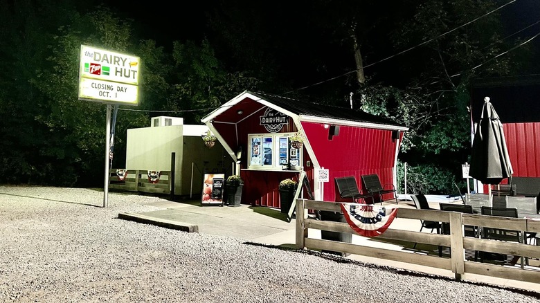 The front of the Dairy Hut with light-up sign.