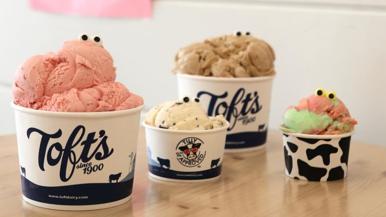 Four cups of Toft's Grand Scoop ice cream with googly eyes.