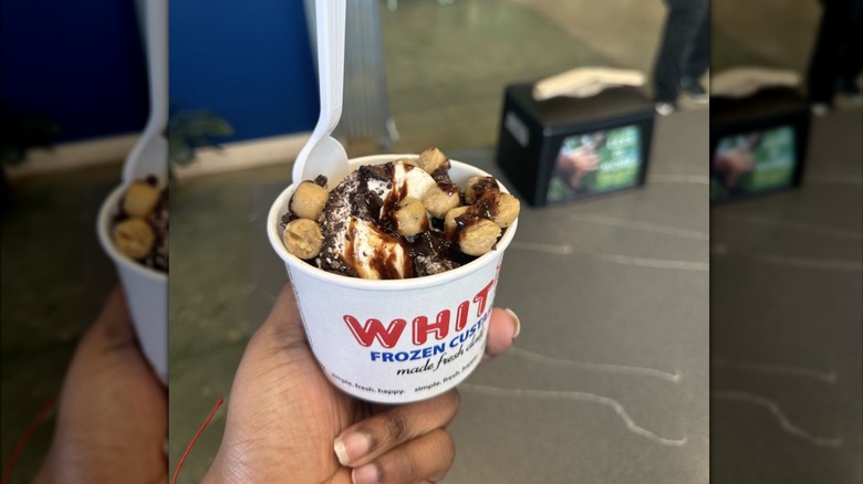 Whit's Frozen Custard in a cup with cookie dough bits.