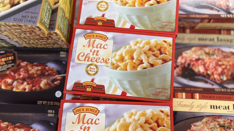 Trader Joe's mac and cheese frozen entree in the frozen foods aisle