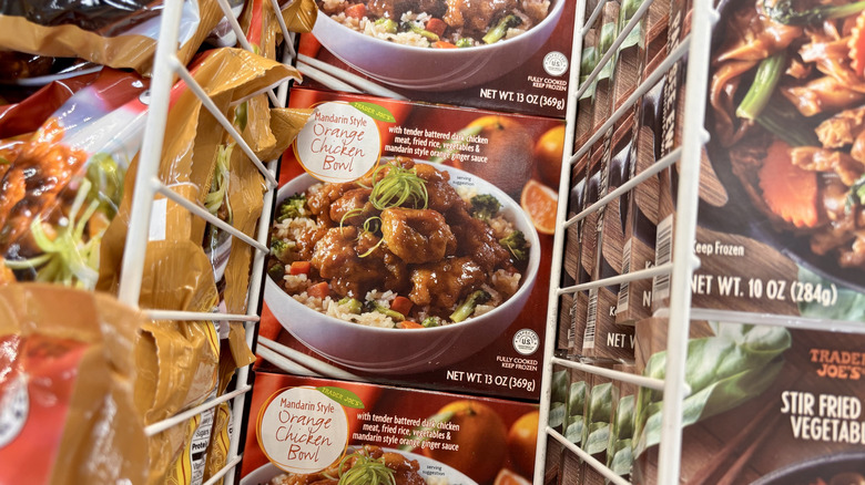 Trader Joe's orange chicken bowl box in the frozen foods aisle