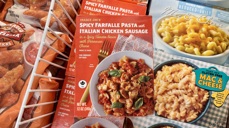 Trader Joe's spicy farfalle pasta and chicken sausage meal in the frozen aisle