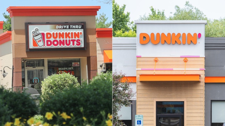 Dunkin' sign on the facade on a building.