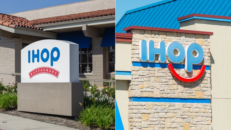IHOP sign outside a restaurant surrounded by plants.