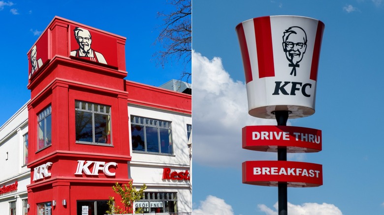 KFC logo on a large bucket shape sign against blue sky with clouds.