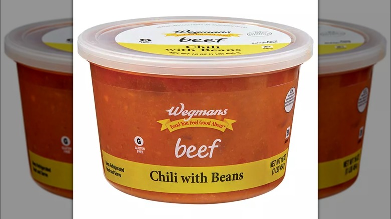 Chili soup with beans and beef in a closed plastic container